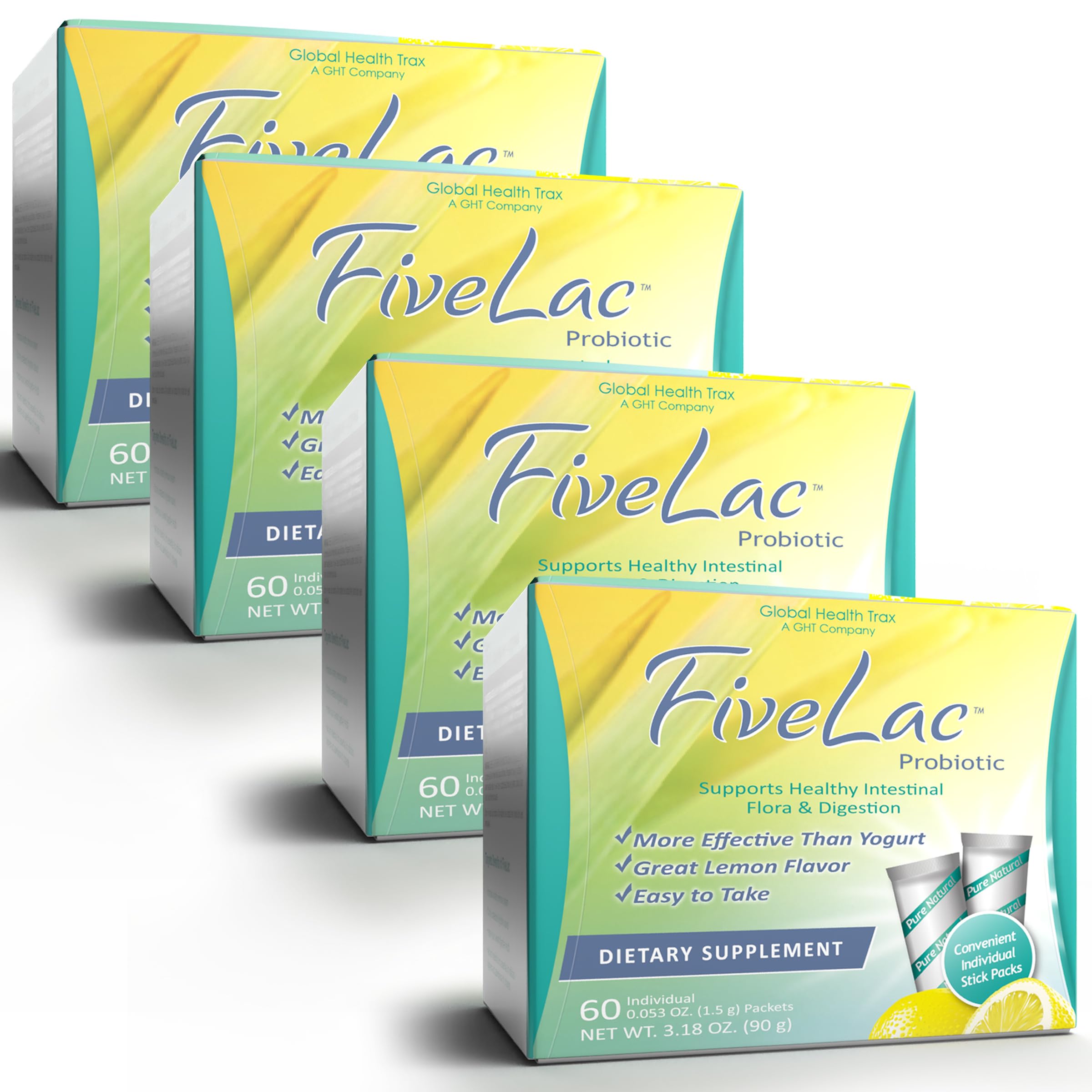 Global Health Trax FiveLac Lemon probiotic powder bottle for daily digestive health.
