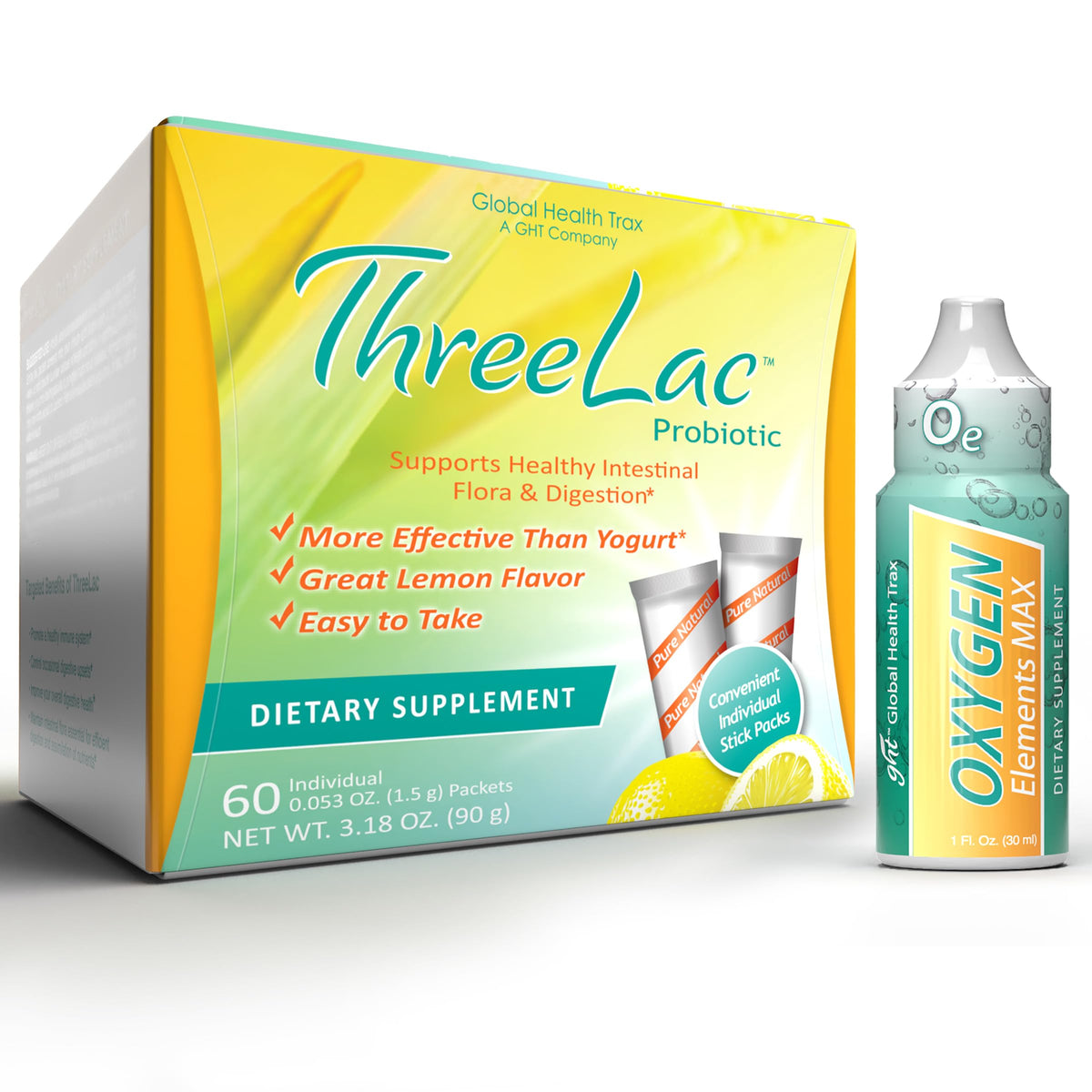 Global Health Trax ThreeLac Lemon Probiotic Powder bottle for gut balance and daily wellness.