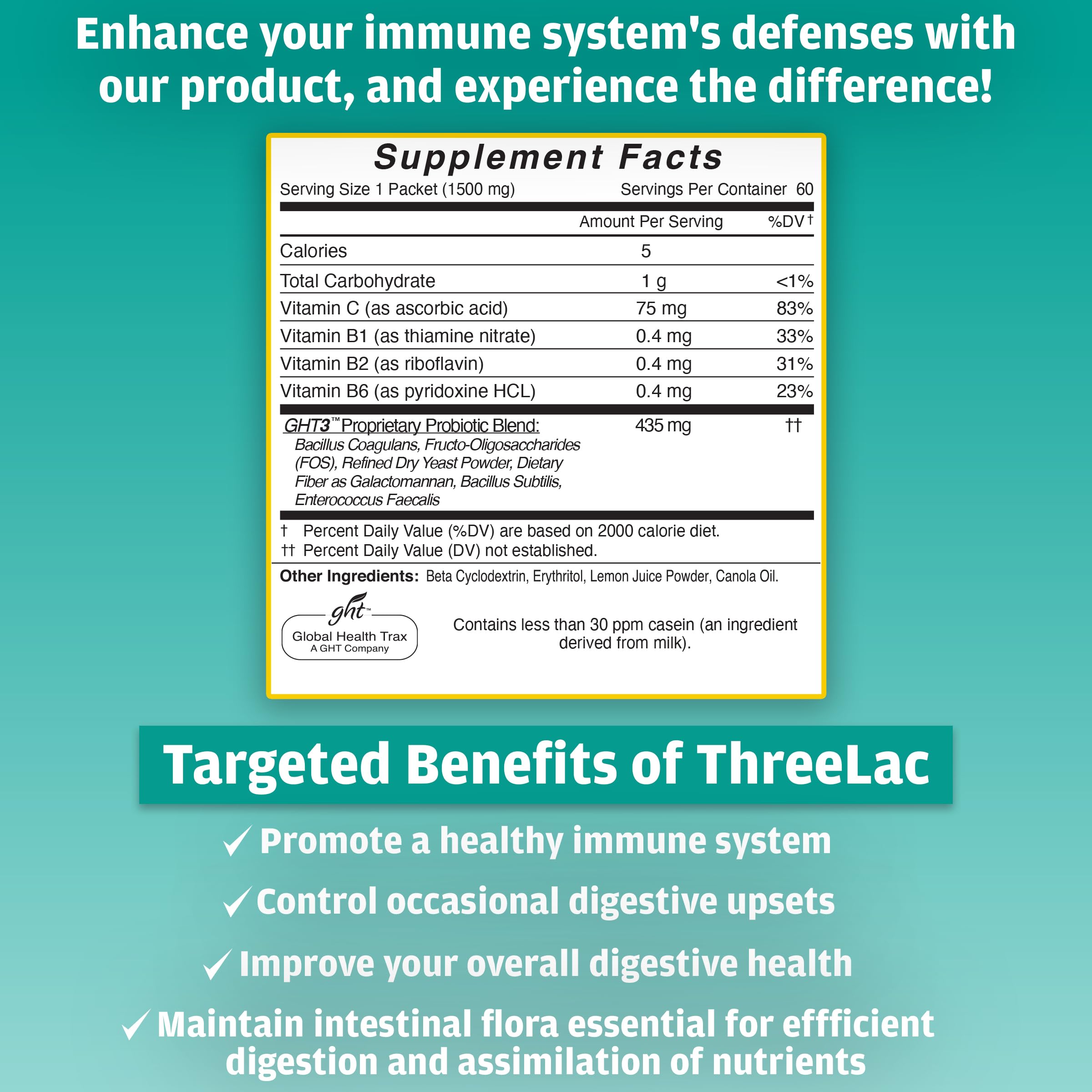 Global Health Trax ThreeLac Lemon probiotic drink mix glass serving promotes daily gut balance