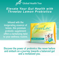 Global Health Trax ThreeLac Lemon probiotic drink mix sachet demonstrates convenient on-the-go gut support