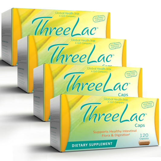 Global Health Trax ThreeLac probiotic bottle for daily digestive support