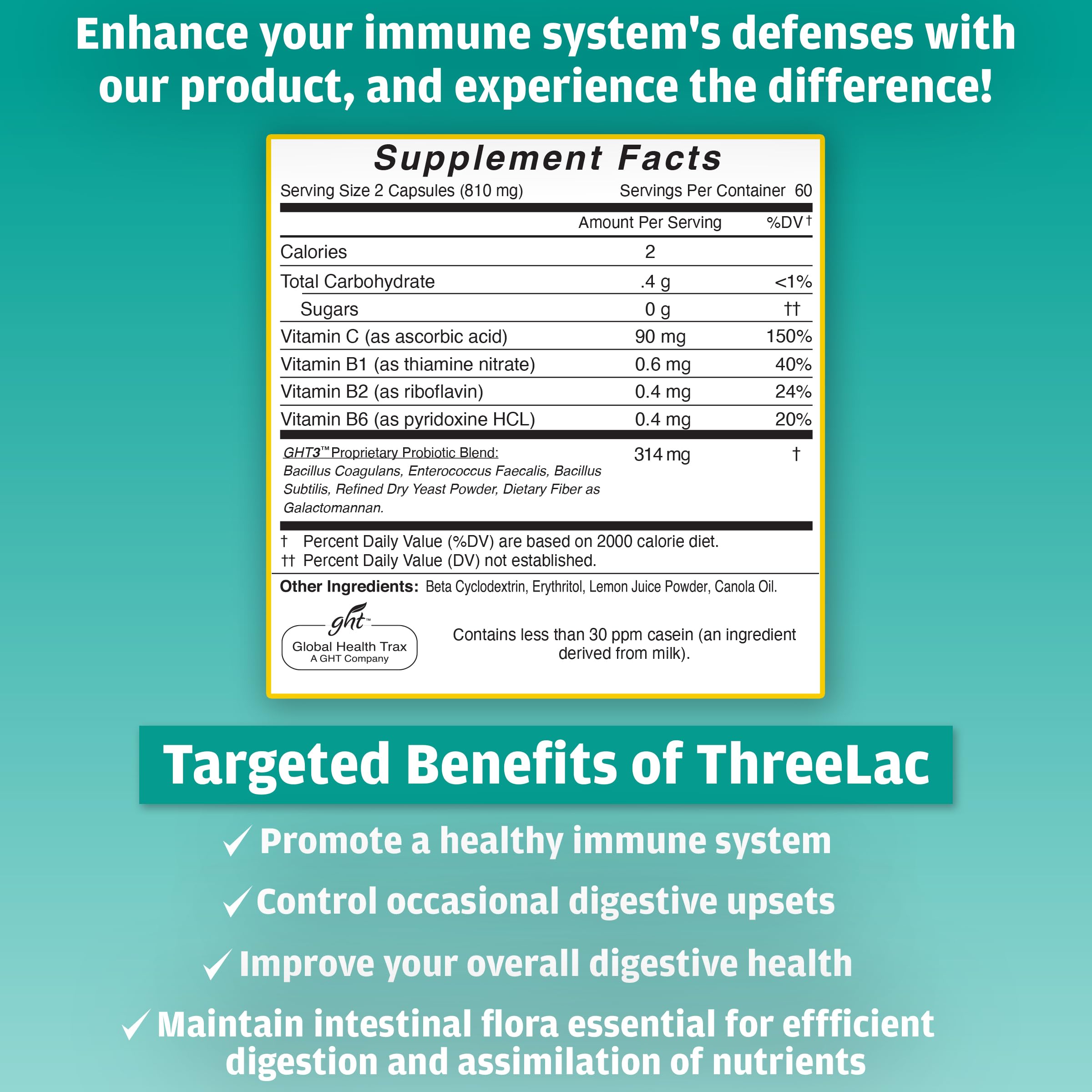 GHT ThreeLac probiotic capsules bottle back-label with dosage and non-GMO details.
