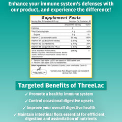 GHT ThreeLac probiotic capsules bottle back-label with dosage and non-GMO details.