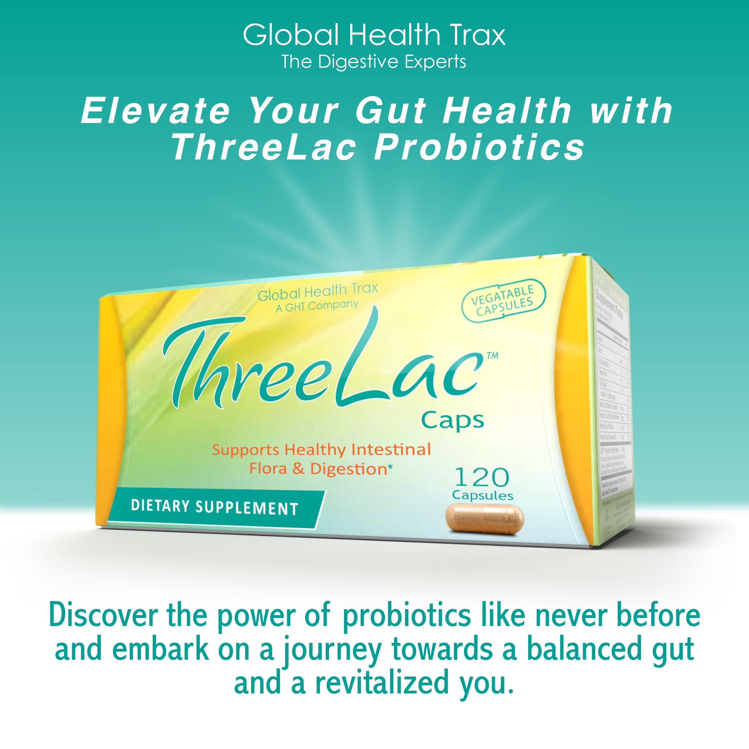 GHT ThreeLac probiotic capsules ingredients label highlighting multi-strain blend.