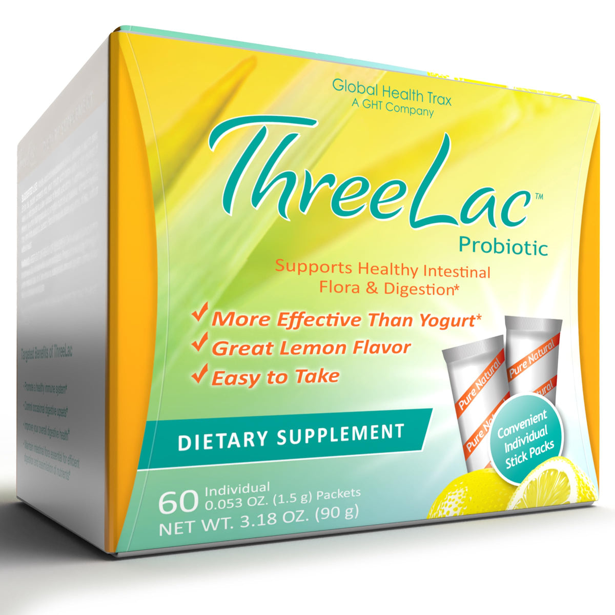Global Health Trax ThreeLac lemon drink bottle for convenient daily digestive support.