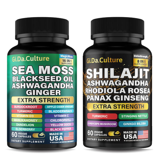 GiDaCulture Shilajit Sea Moss Bundle packaging suggests natural energy support.