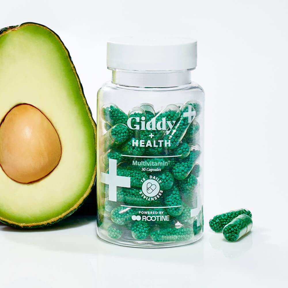 Giddy Health bottle shown in a morning routine setup.