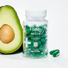 Giddy Health bottle shown in a morning routine setup.