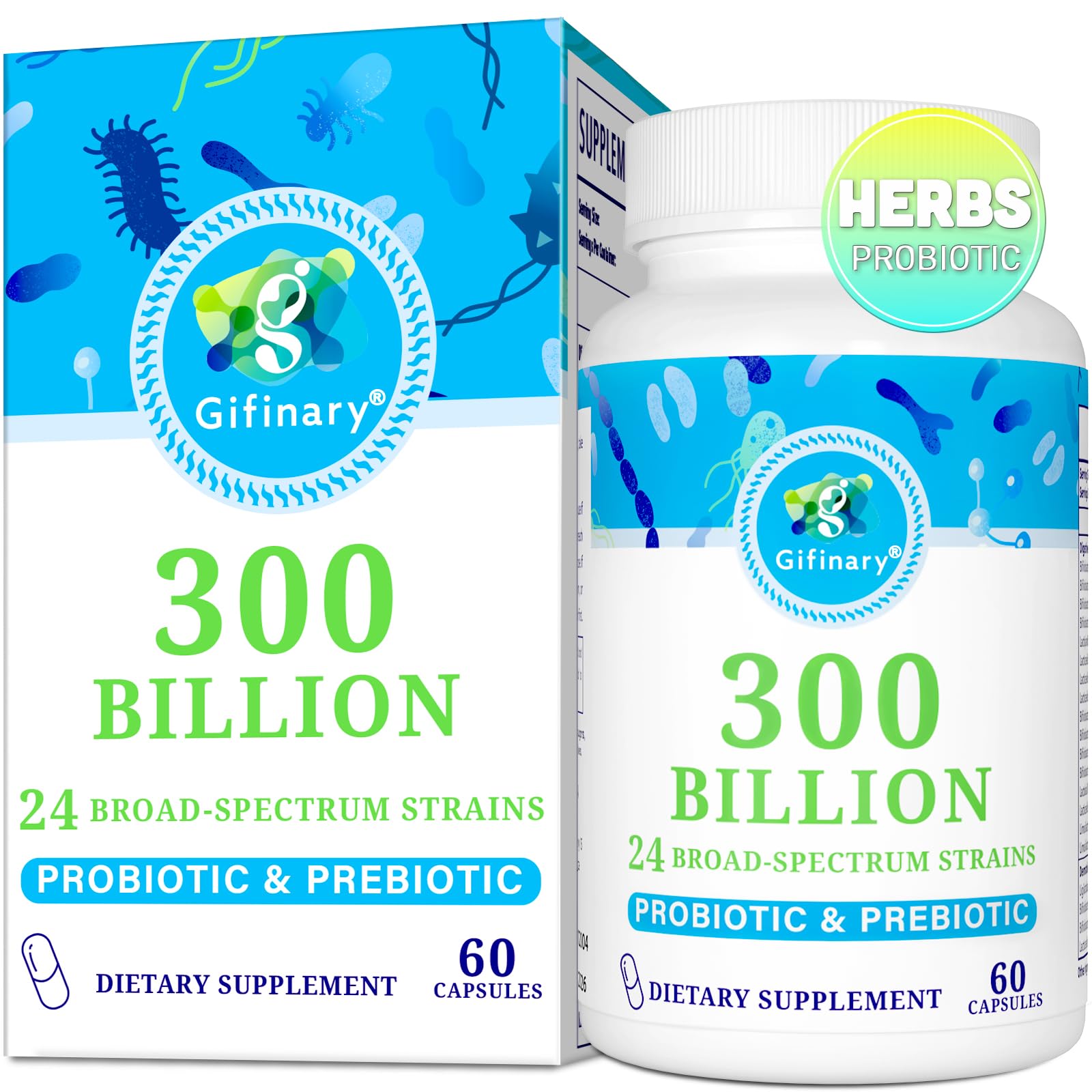 Gifinary daily probiotic 300B CFU bottle promotes gut balance and digestive support.