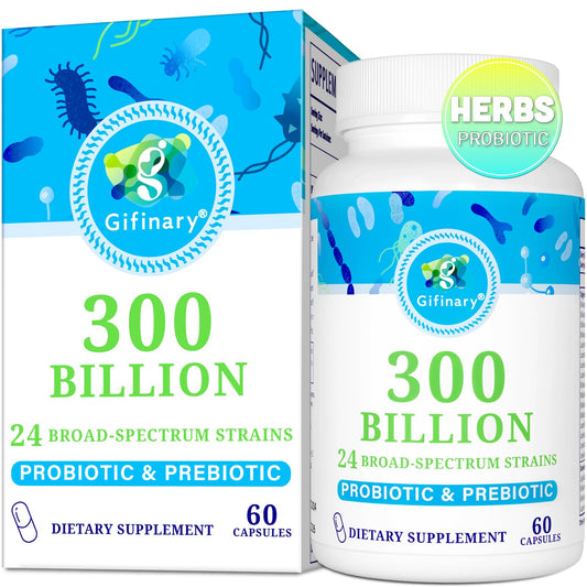 Gifinary daily probiotic 300B CFU bottle promotes gut balance and digestive support.