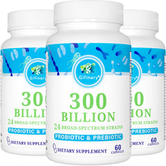 Gifinary Probiotics bottle front shows 300B CFU daily support for gut balance.