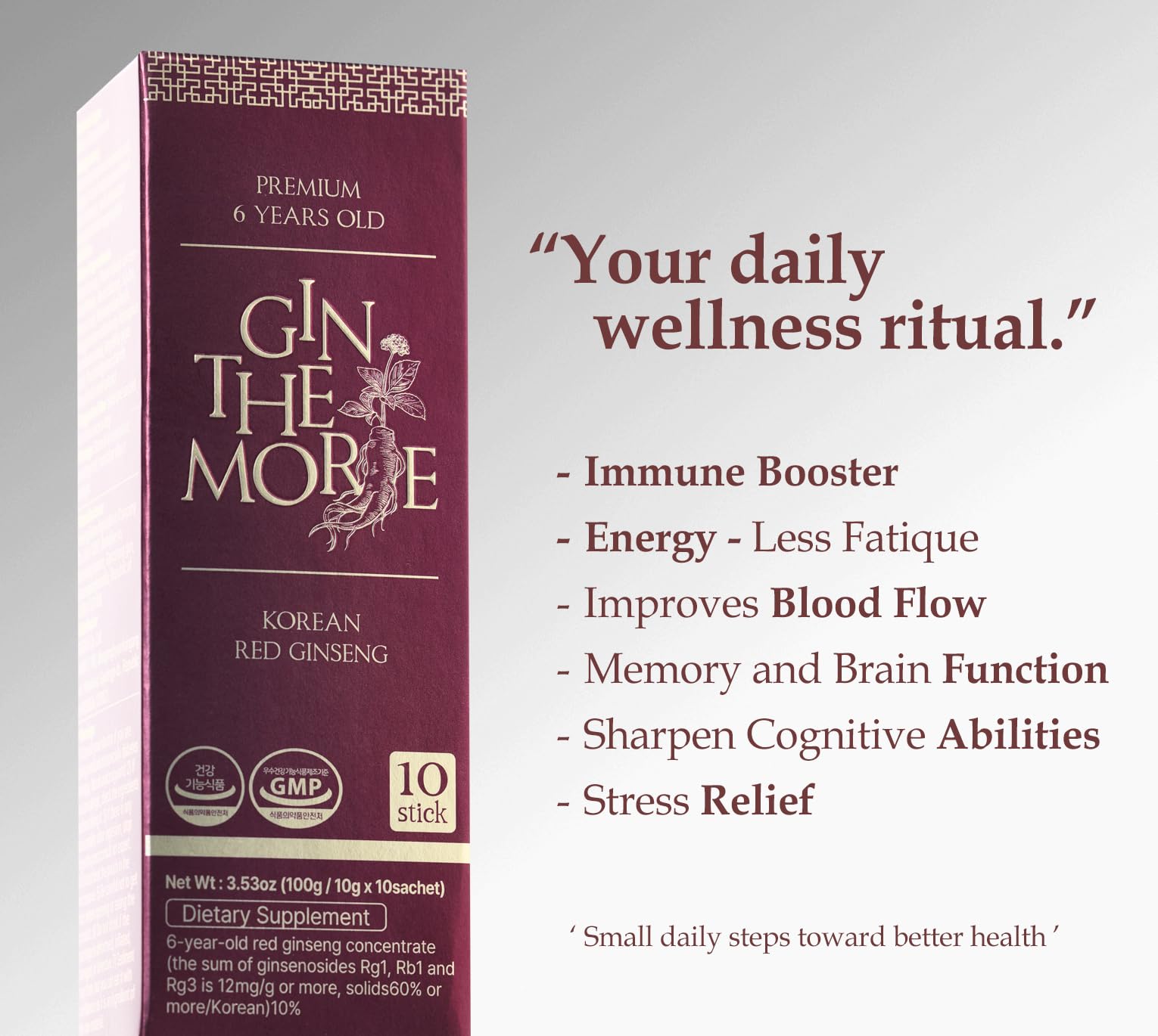 GIN THE MORE six-year-old red ginseng roots highlight premium quality.