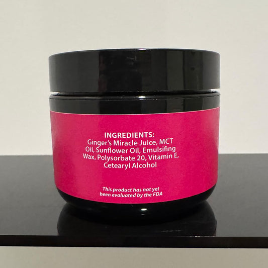 Texture close-up of Ginger's Miracle Cream highlights smooth, non-greasy hydration.