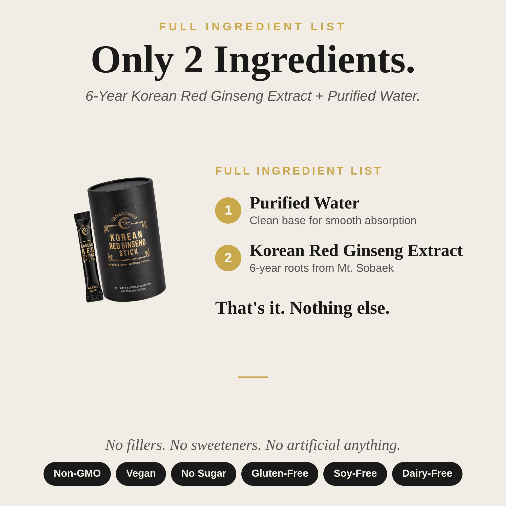 GINSEGOLD Korean Red Ginseng stick close-up emphasizing two-ingredient purity.