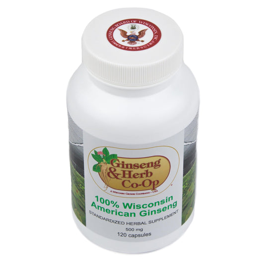Ginseng & Herb Co-Op Wisconsin capsules closeup, 500 mg potency for stamina