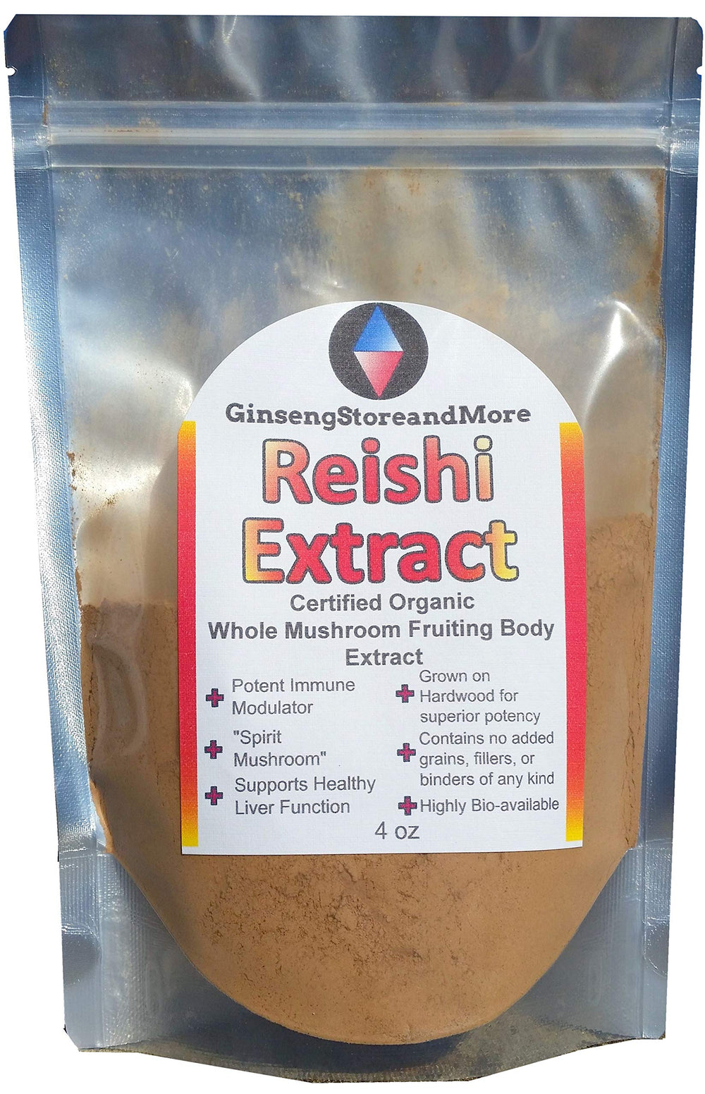 GinsengStoreAndMore Red Reishi bottle highlighting fruiting body and beta-glucans.