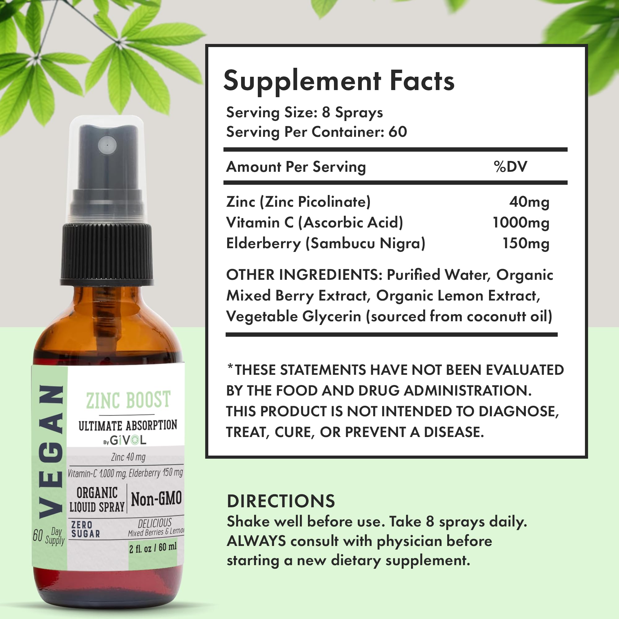 GIVOL Organic Zinc Boost Mist plant-friendly ingredients highlighted on label
