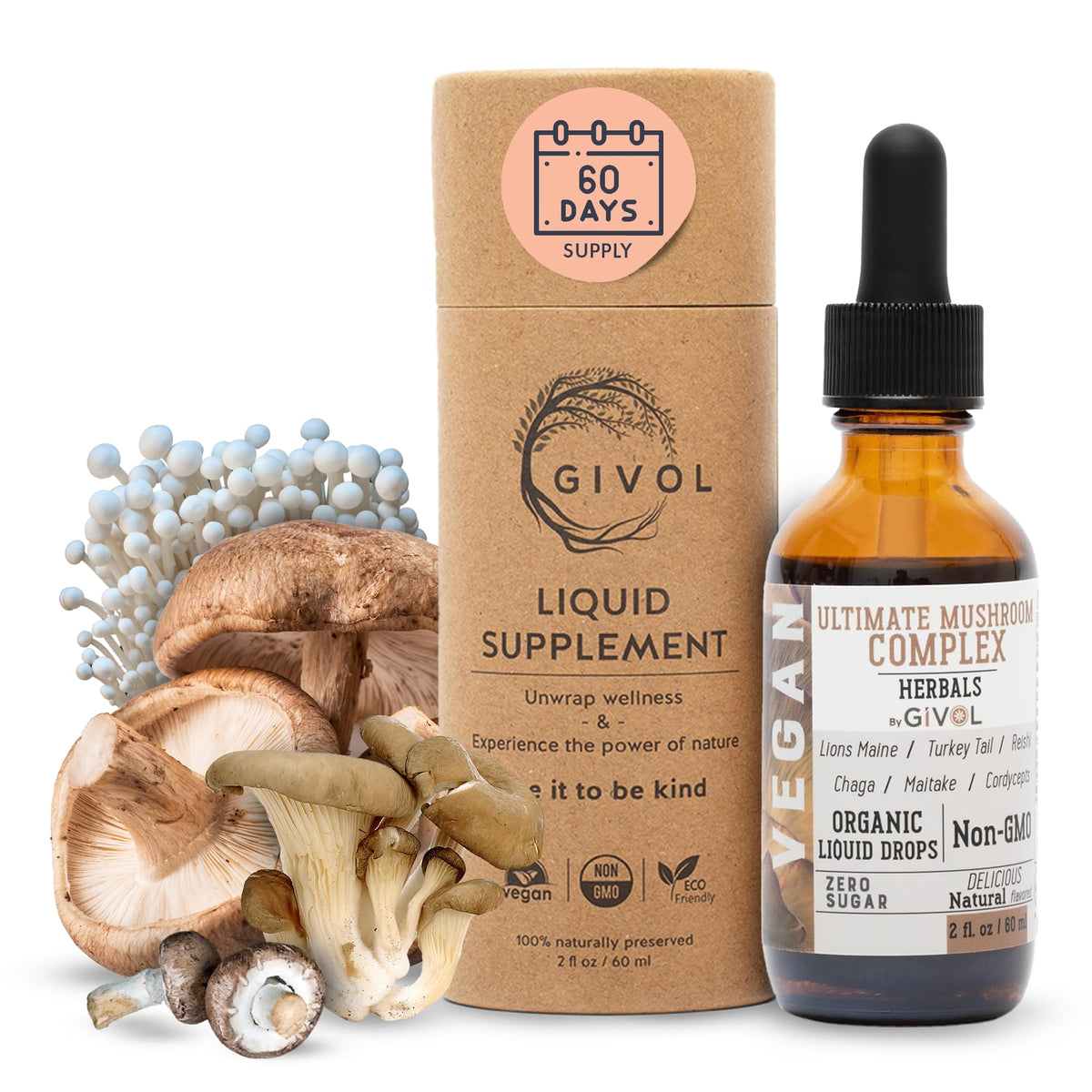 GIVOL Ultimate Mushroom Complex bottle shown for everyday wellness and subtle energy support.