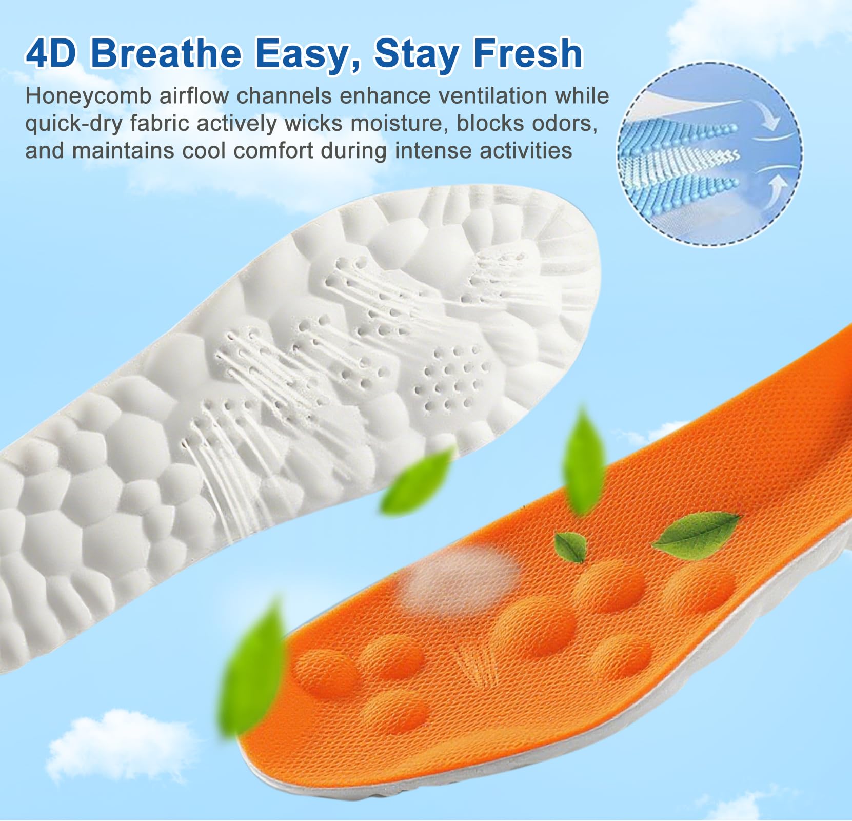 Giwytey 4D Cloud Insole orange memory foam top provides soft cushioning