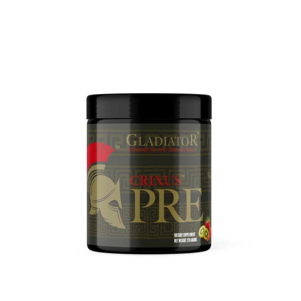 Gladiator Crixus PRE pre-workout tub front view showing energy-boosting label for tough training