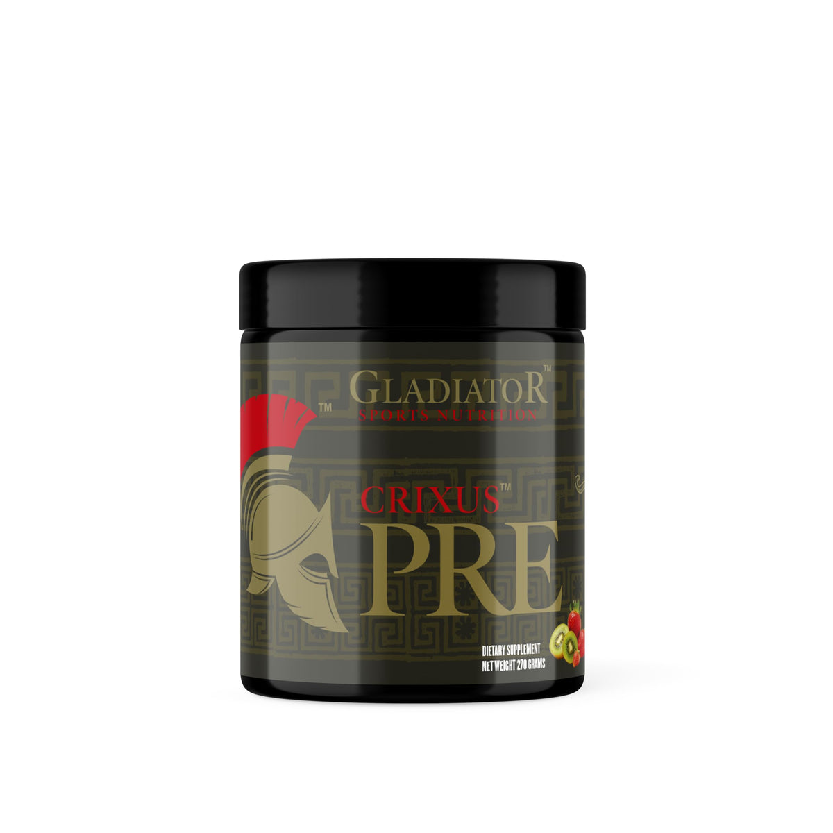 Gladiator Crixus PRE pre-workout tub front view showing energy-boosting label for tough training