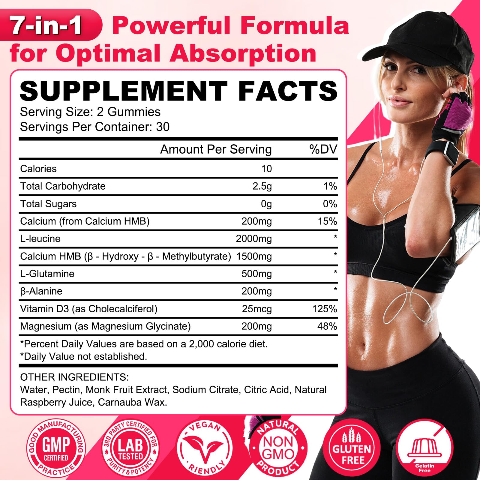 GlaGmrry HMB + Leucine gummies box highlights 120-count value and freshness.