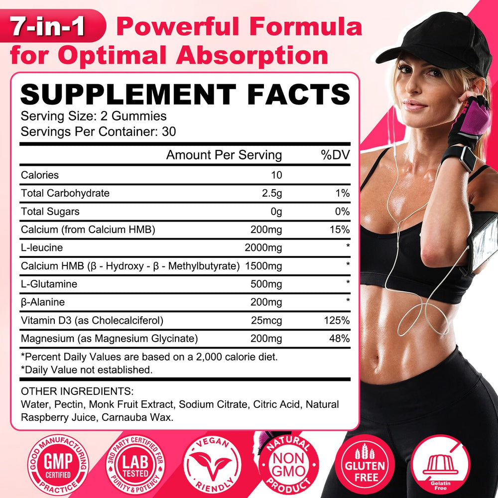 GlaGmrry HMB + Leucine gummies box highlights 120-count value and freshness.