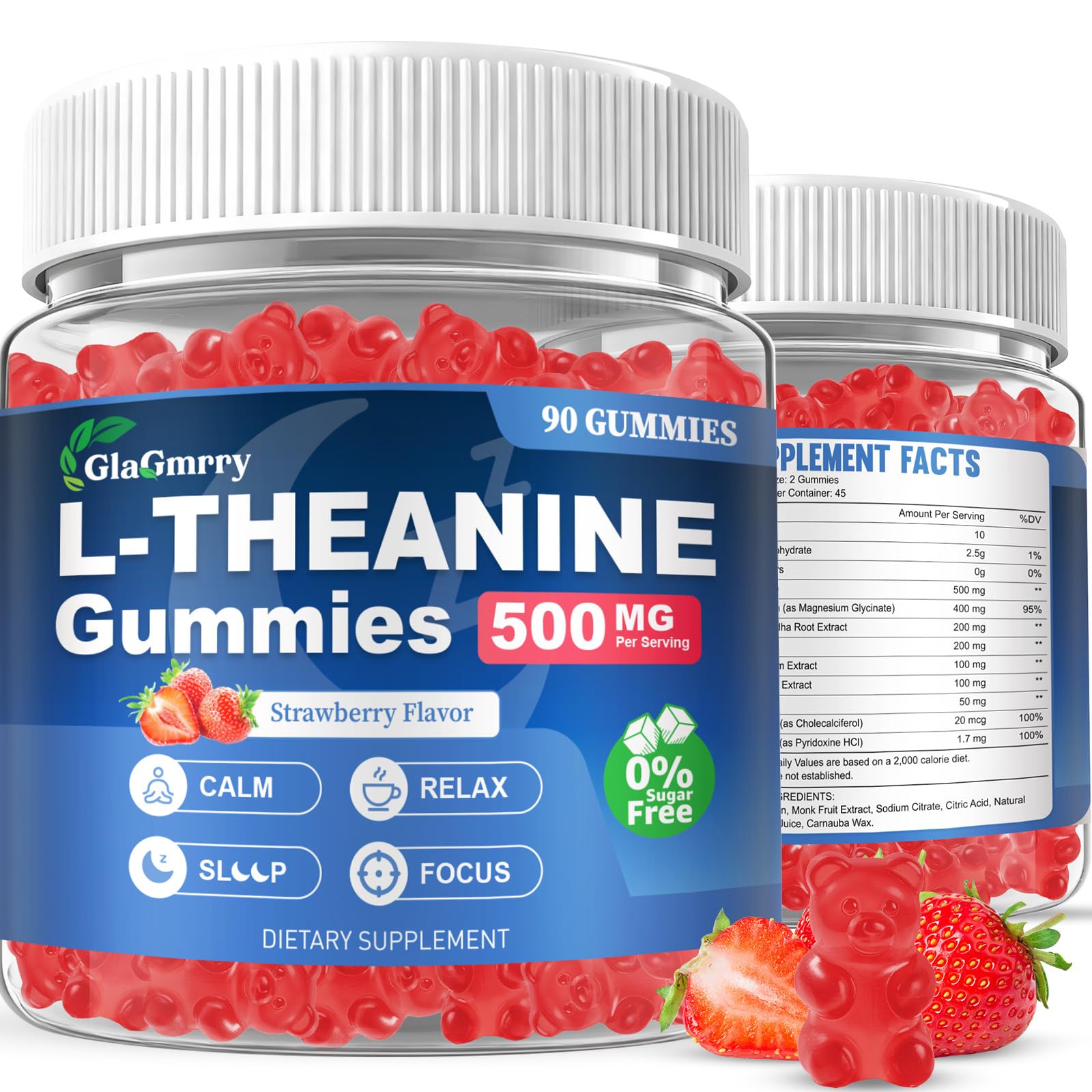 GlaGmrry L-Theanine Gummies bottle promotes calm focus for daily use.