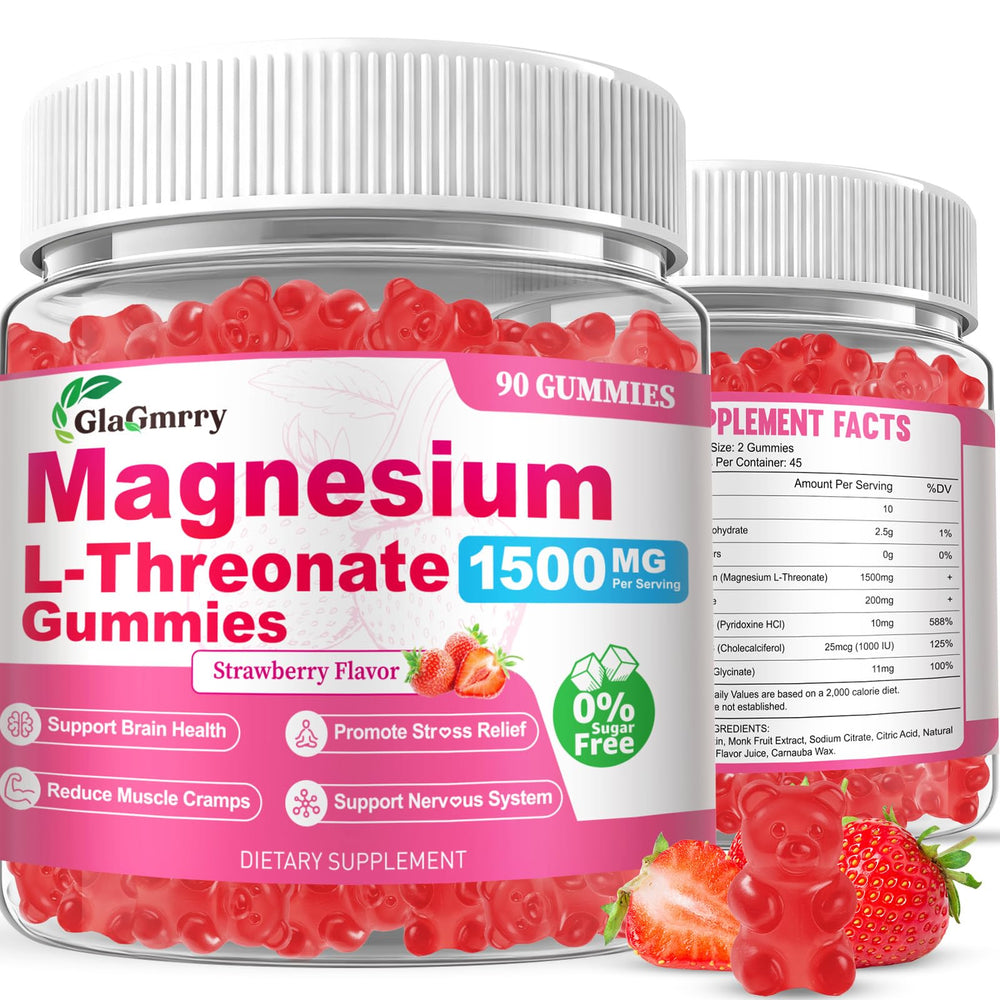 GlaGmrry Magnesium L-Threonate gummies bottle shows 180-count jar for long-lasting use and brain support