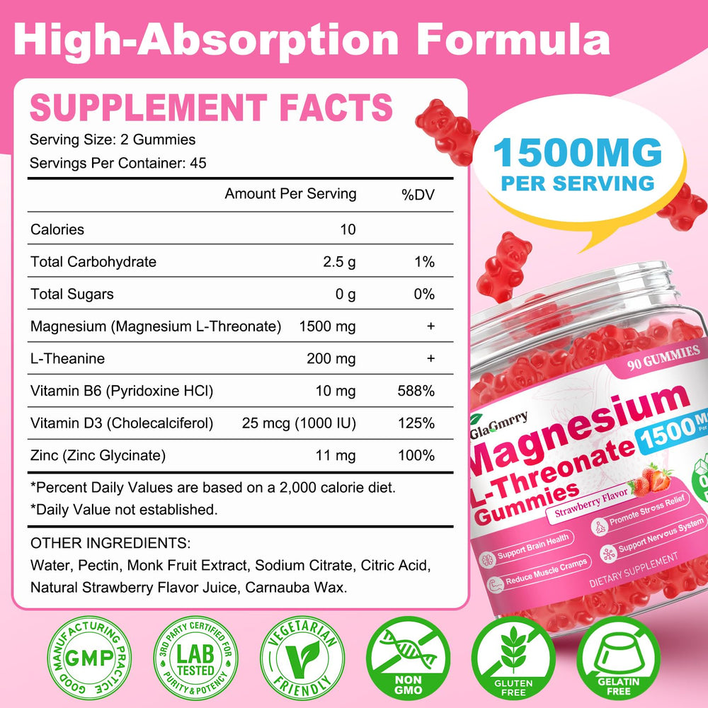 Close-up of GlaGmrry gummies jar highlighting strawberry flavor and vegan formula