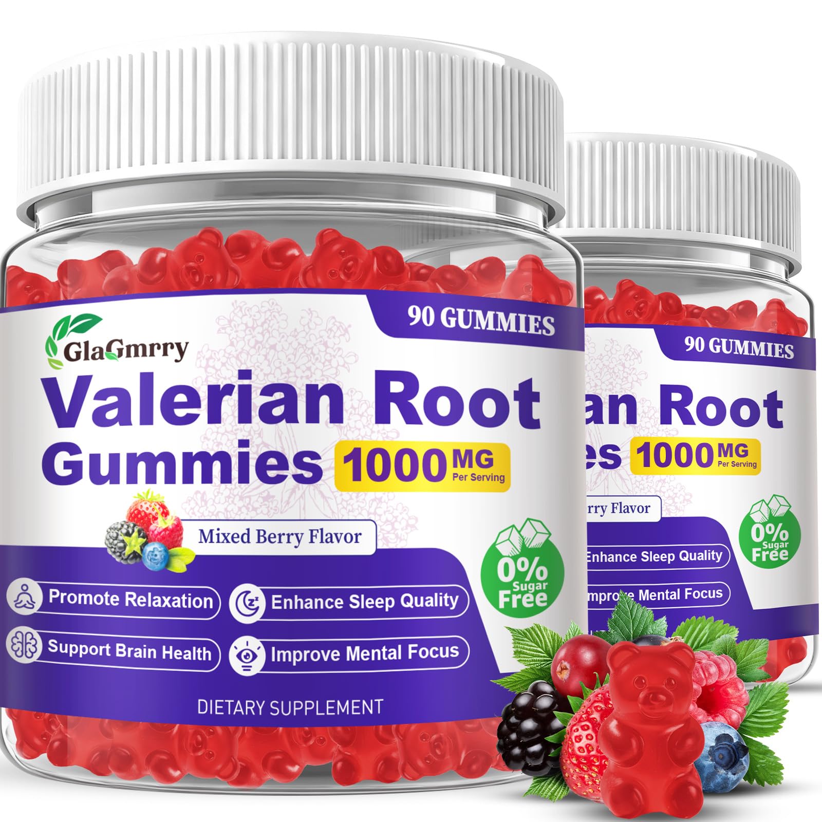 GlaGmrry valerian-melatonin gummies bottle supports relaxing sleep.