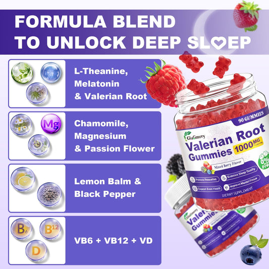GlaGmrry valerian-melatonin gummies closeup shows chewy texture and berry flavor.