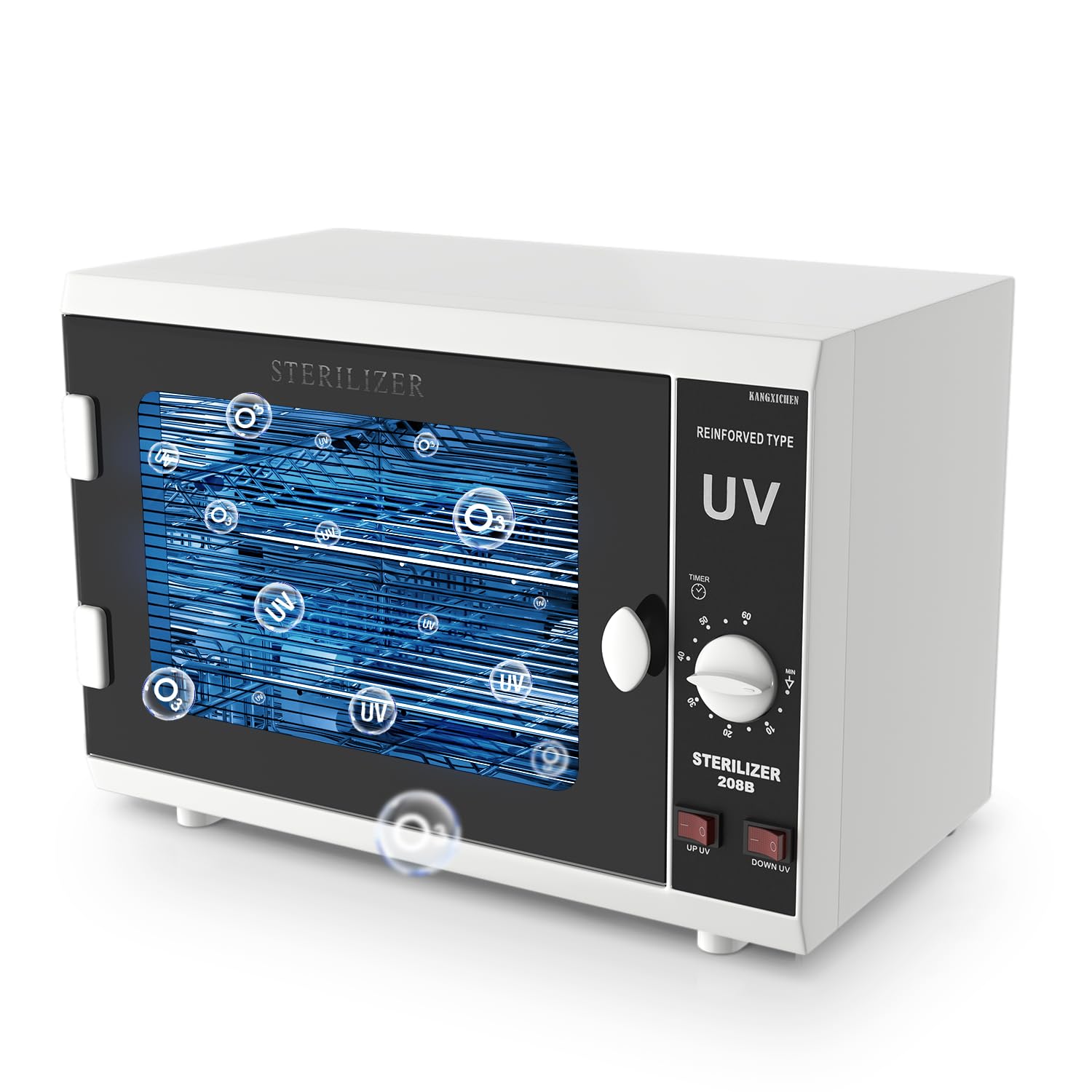 Glamvibe Salon UV sanitizer cabinet front view with dual lamps for thorough cleaning.