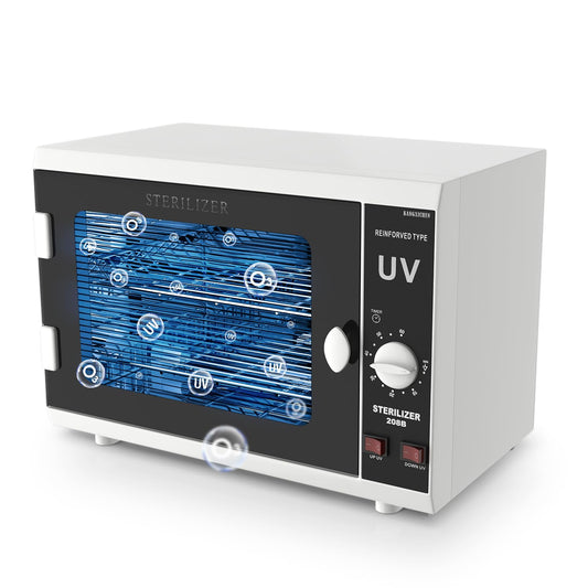 Glamvibe Salon UV sanitizer cabinet front view with dual lamps for thorough cleaning.