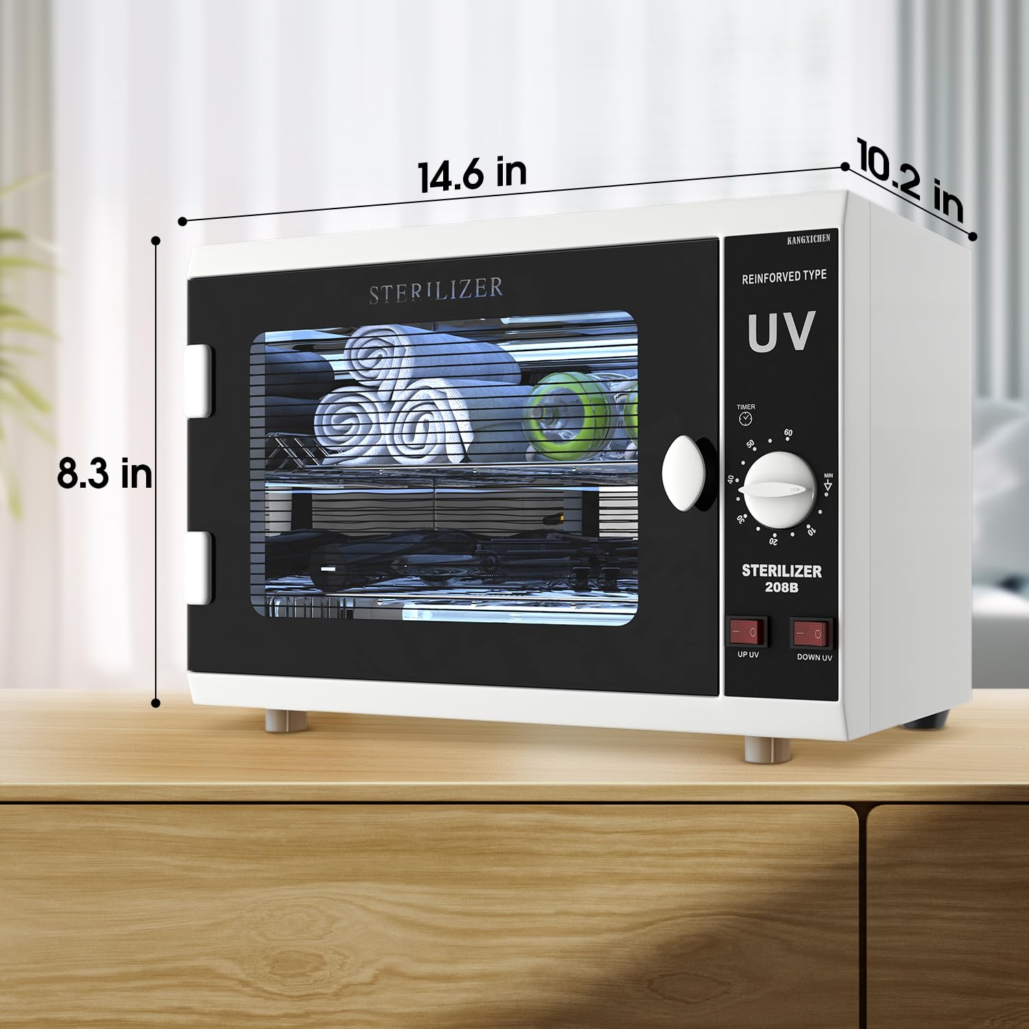 Glamvibe Salon UV cabinet in-use with towels and tools.