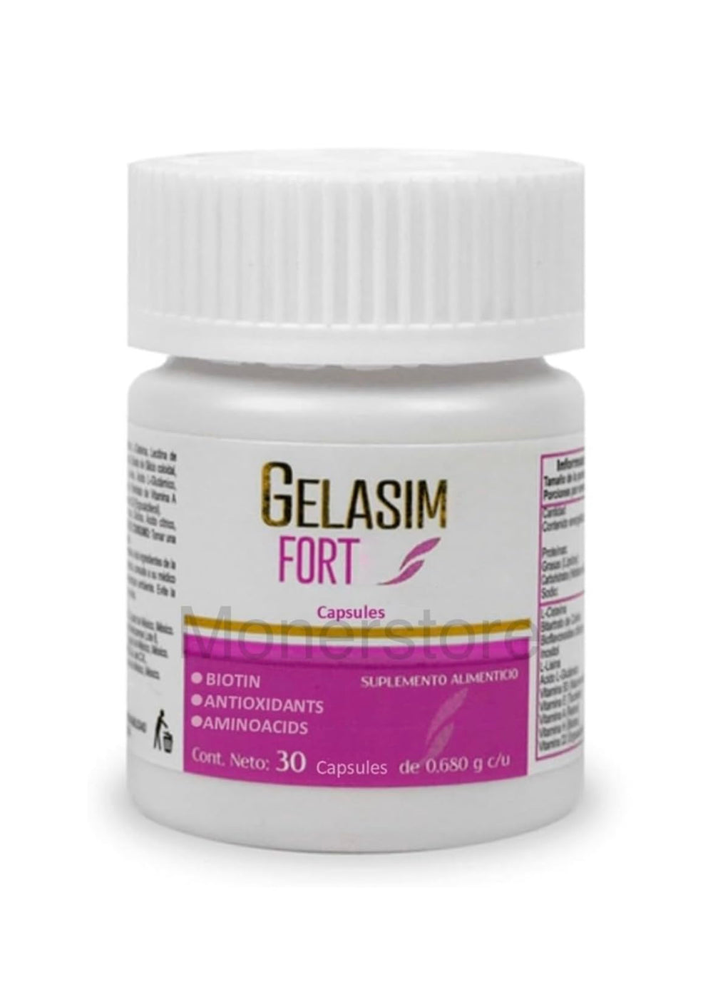 Glasimi Forte bottle displaying antioxidants and amino acids for daily hair and nails support