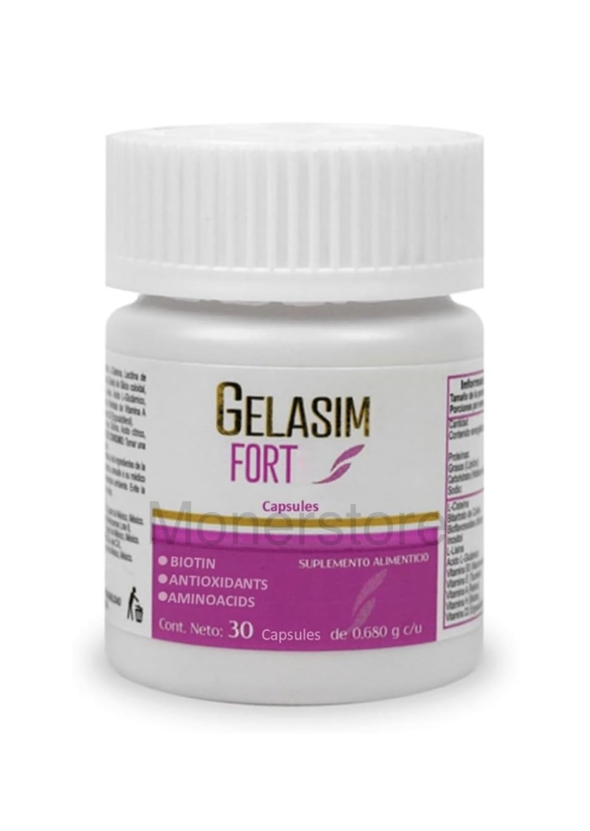 Glasimi Forte bottle displaying antioxidants and amino acids for daily hair and nails support