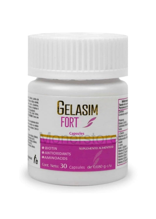 Glasimi Forte bottle displaying antioxidants and amino acids for daily hair and nails support