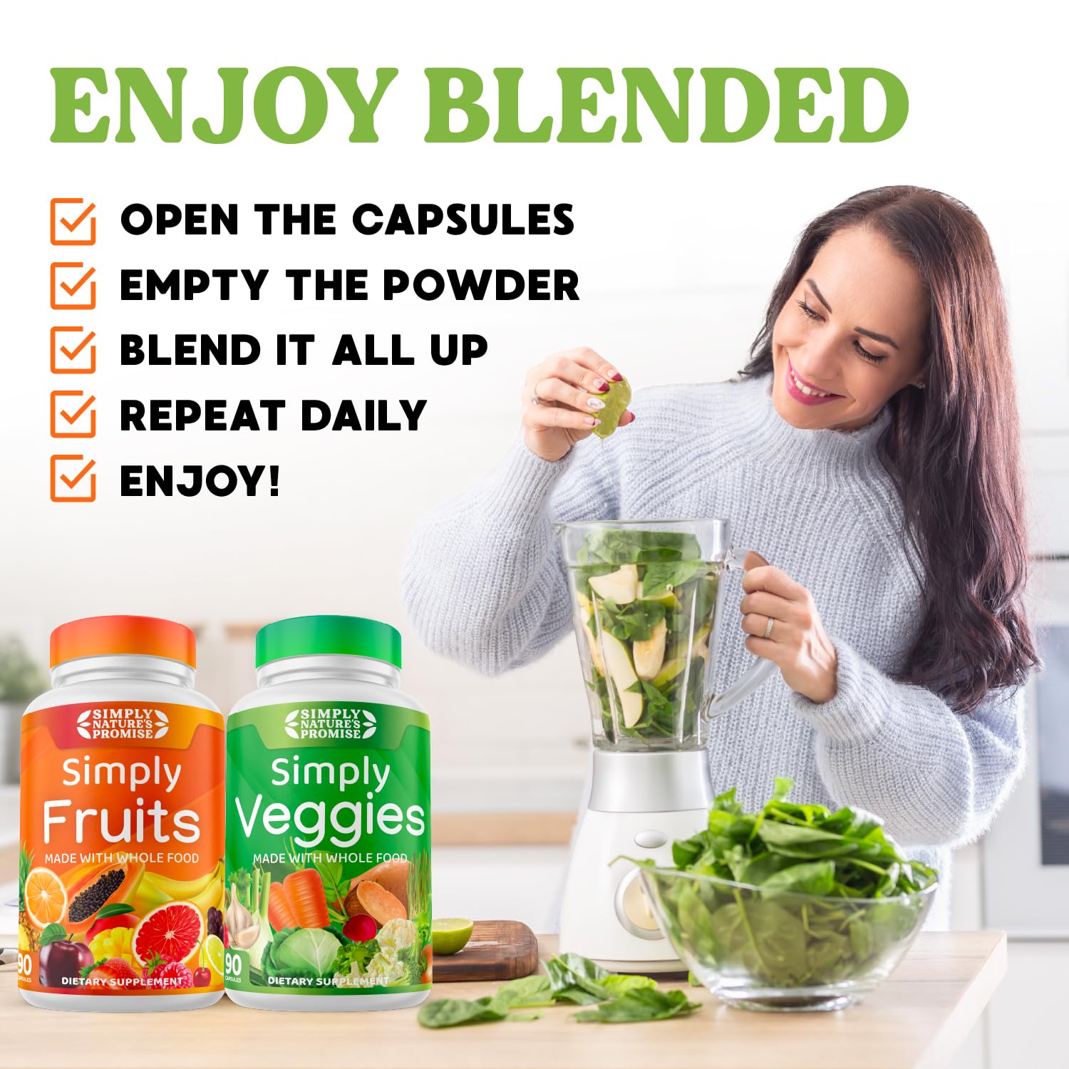 Glass of smoothie beside Simply Nature's Pledge bottle shows easy, tasty daily routine.