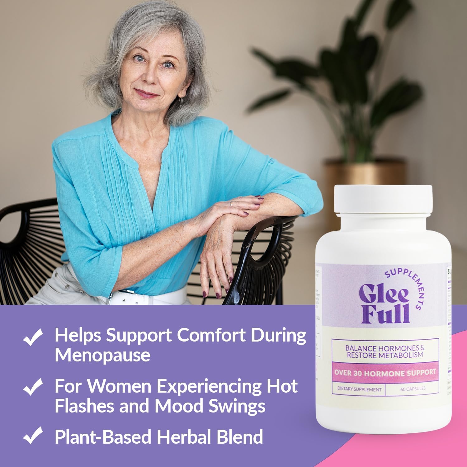 GLEEFULL SUPPS GleeFull Over 30 capsules close-up showing smooth, easy-to-swallow pills.