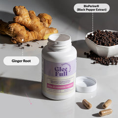 GLEEFULL SUPPS GleeFull Over 30 herbal blend label highlighting dong quai and maca.