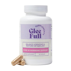 GLEEFULL SUPPS GleeFull Over 30 Hormone Support bottle with capsules for daily balance.