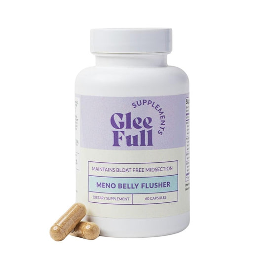 GLEEFULL SUPPS Meno Belly Flusher bottle showing plant-based digestive support.