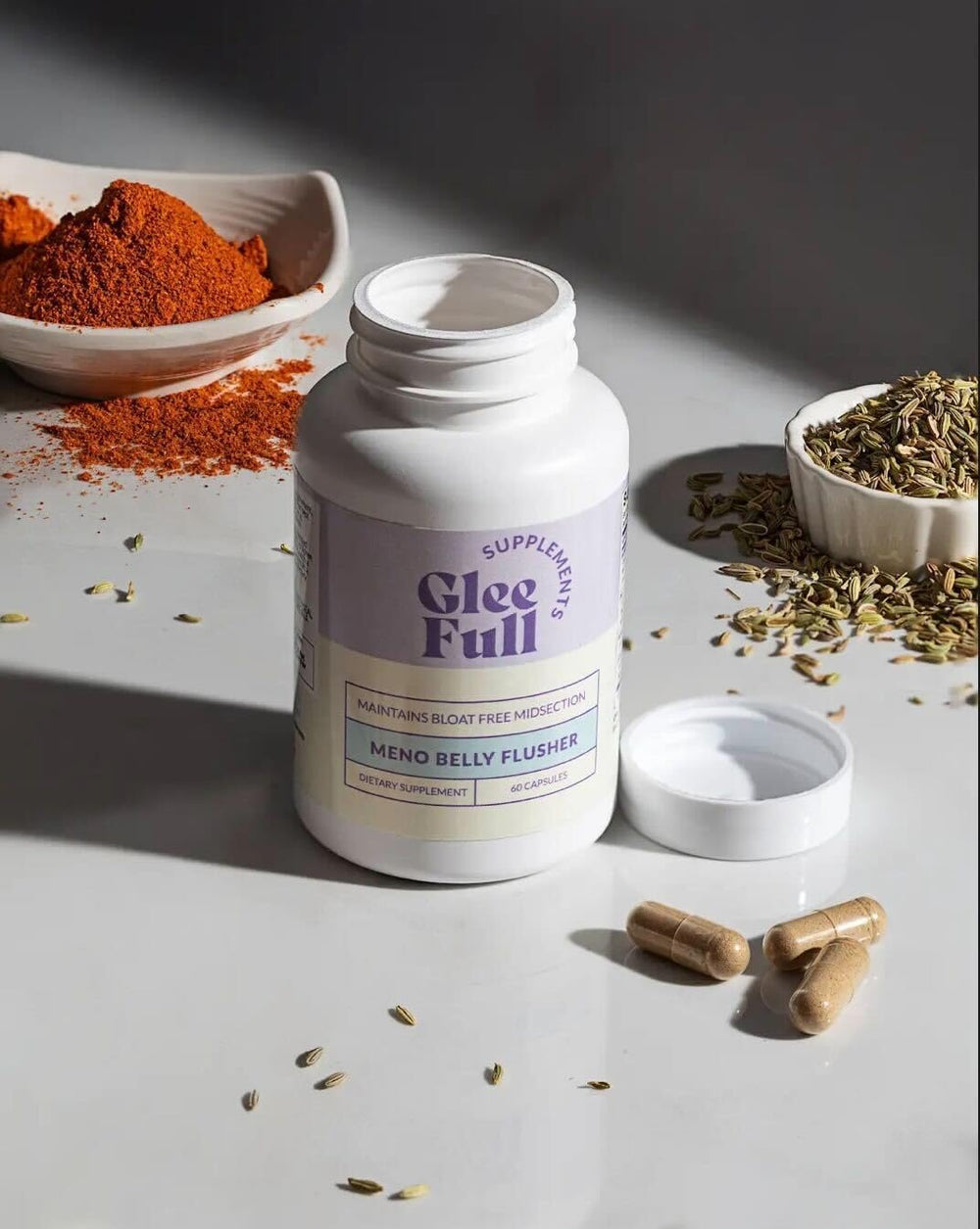 GLEEFULL SUPPS Meno Belly Flusher digestive balance concept after meals.