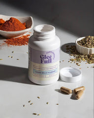 GLEEFULL SUPPS Meno Belly Flusher digestive balance concept after meals.