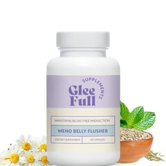 GLEEFULL SUPPS Meno Belly Flusher label front featuring non-GMO, dairy-free formula for digestion.