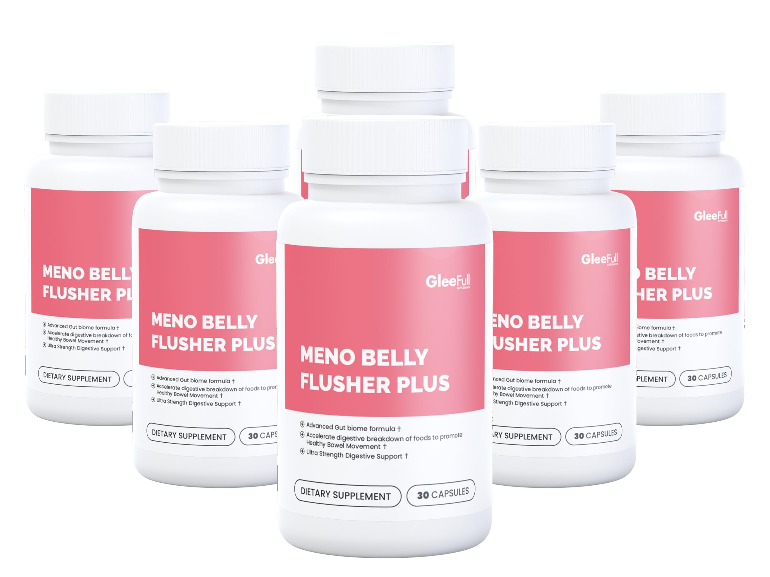 GLEEFULL SUPPS Meno Belly Flusher Plus bottle front for daily wellness support.