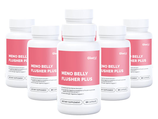 GLEEFULL SUPPS Meno Belly Flusher Plus bottle front for daily wellness support.