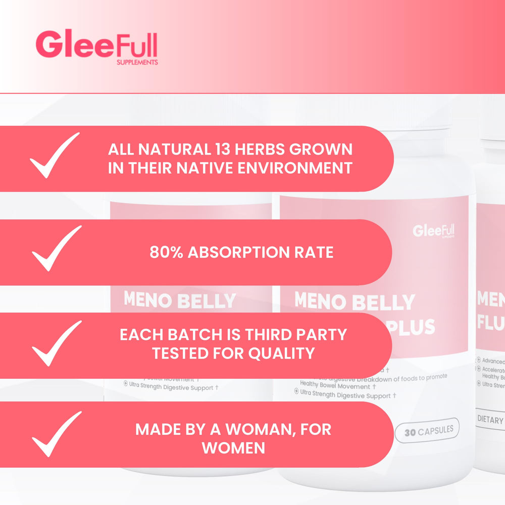 GLEEFULL SUPPS Meno Belly Flusher Plus lifestyle shot suggests daily routine fit.