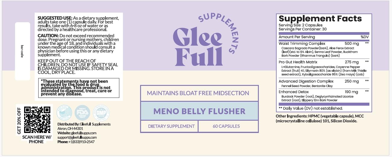 GLEEFULL SUPPS Meno Belly Flusher third-party test seal showcasing quality assurance.